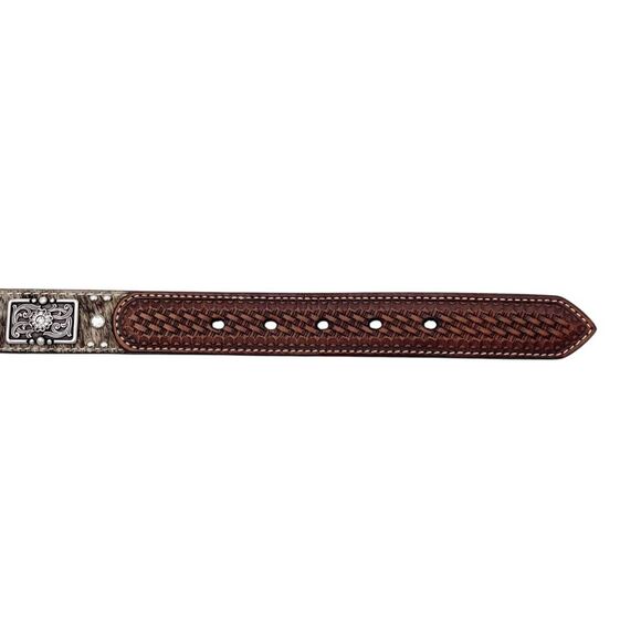 Nocona Brown Tooled Leather Belt Hair-On Cowhide Rhinestone Boho Western Size 28 main image 4